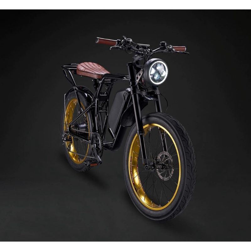 Rocket GTS Cruiser - Cruiser Electric Bike - Black Frame - Gold Rim - Brown Trim