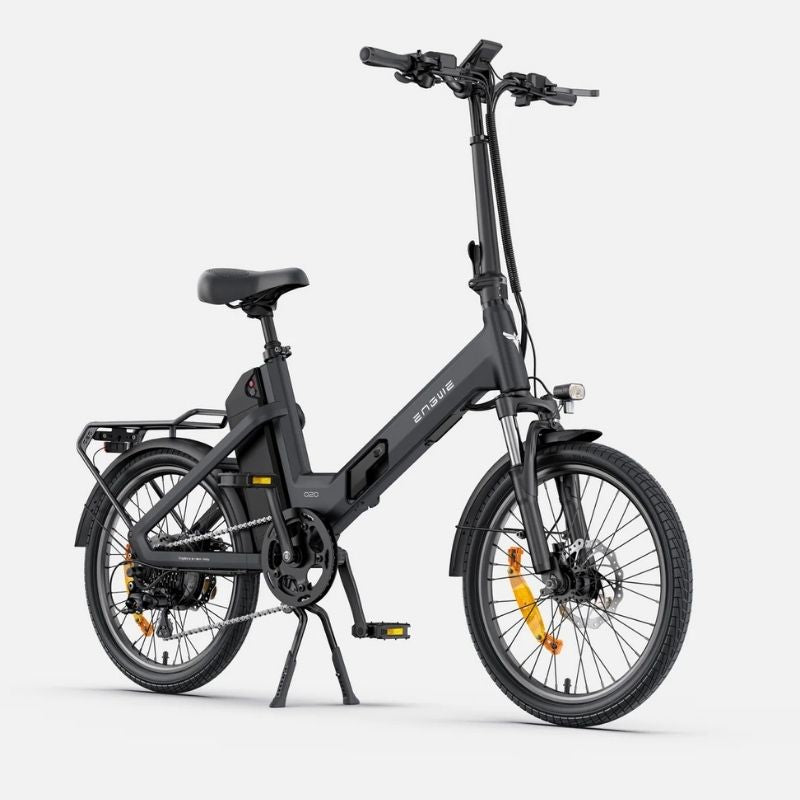 Engwe O20 Boost folding electric bike in Graphite Grey, front three-quarter view with kickstand down