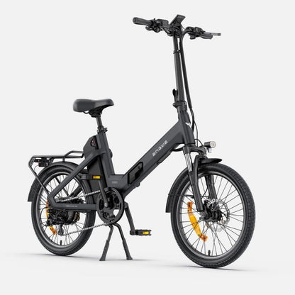 Engwe O20 Boost folding electric bike in Graphite Grey, front three-quarter view with kickstand down