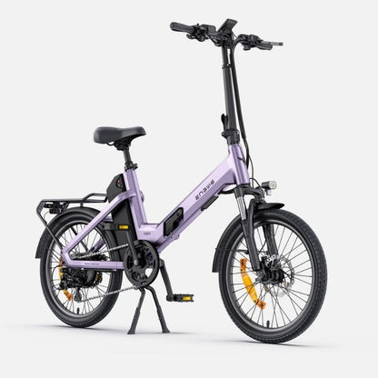Engwe O20 Boost folding electric bike in Soft Purple, front three-quarter view with kickstand down