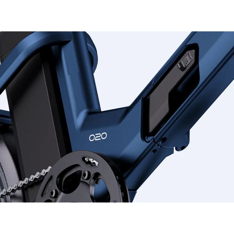 Close-up of the Engwe O20 Boost frame and O20 model badge in Dusty Blue