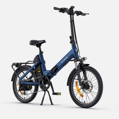 Engwe O20 Boost folding electric bike in Dusty Blue, front three-quarter view with kickstand down