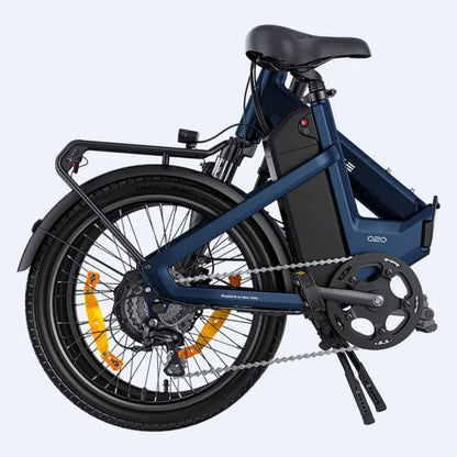 Engwe O20 Boost folding electric bike in Dusty Blue shown folded for storage, side view