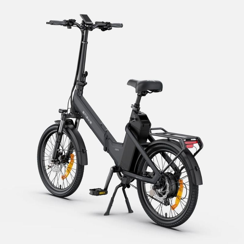 Engwe O20 Boost folding electric bike in Graphite Grey, rear three-quarter view with pannier rack and kickstand down