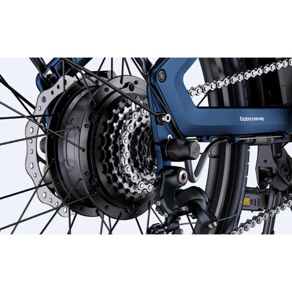 Close-up of the Engwe O20 Boost rear hub motor, cassette and disc brake rotor