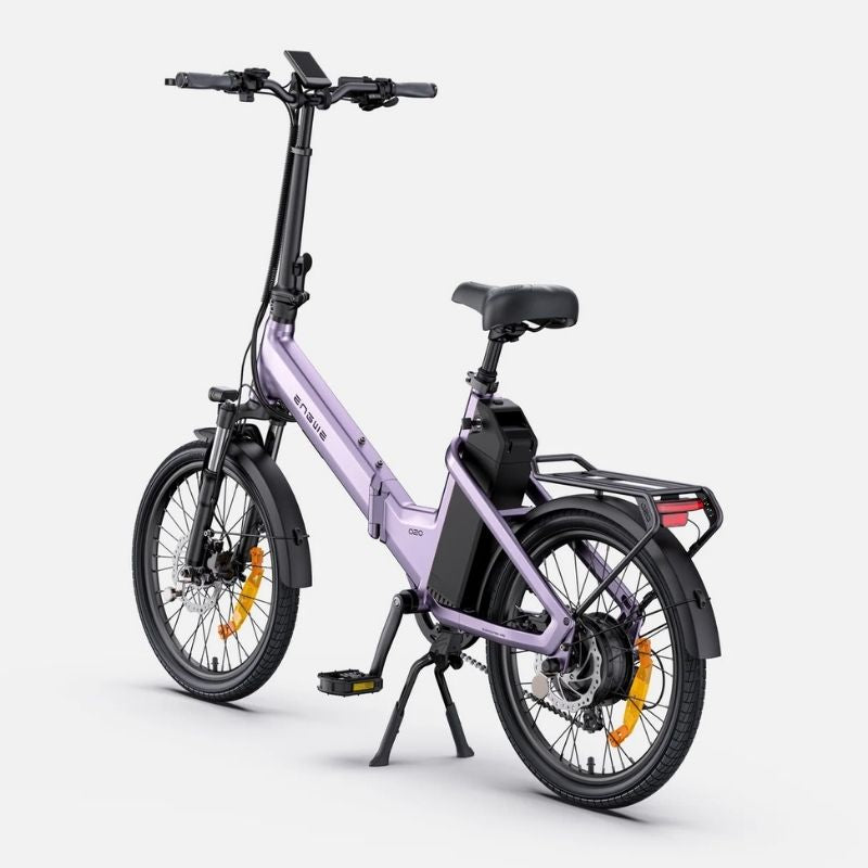 Engwe O20 Boost folding electric bike in Soft Purple, rear three-quarter view with pannier rack and kickstand down