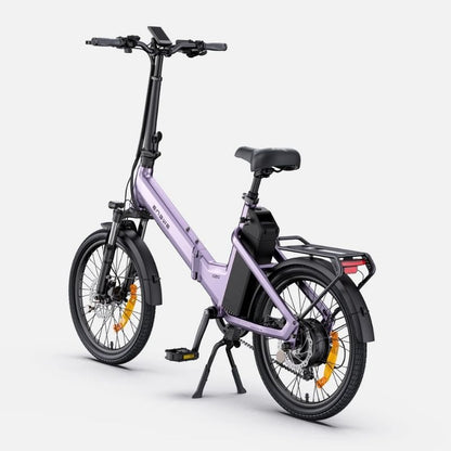 Engwe O20 Boost folding electric bike in Soft Purple, rear three-quarter view with pannier rack and kickstand down