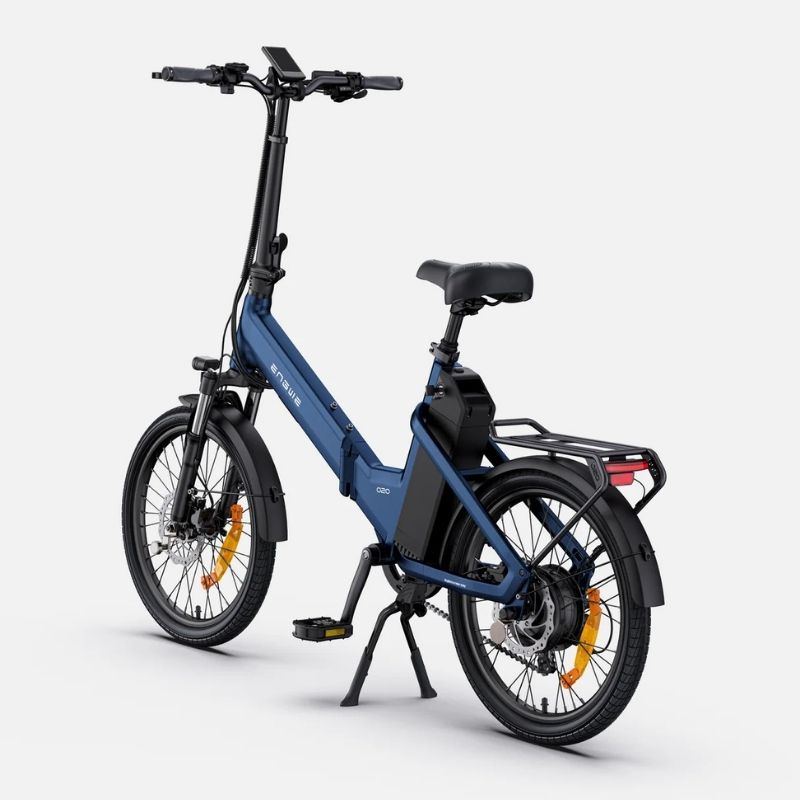 Engwe O20 Boost folding electric bike in Dusty Blue, rear three-quarter view with pannier rack and kickstand down