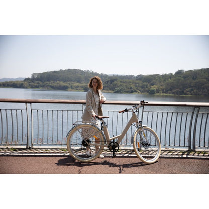 ADO Air 28 Pro/Ultra - Urban Step Through All-Rounder Electric Bike - Woman Standing with Latte model